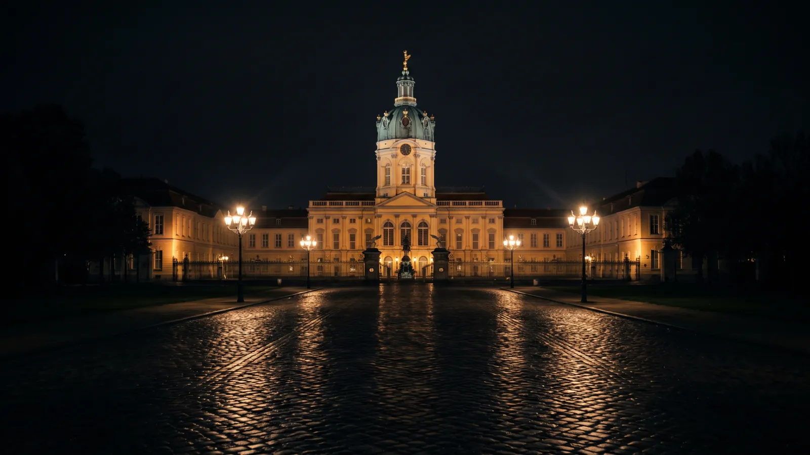 Schloss Charlottenburg bei Nacht, die Barockfassade und der Kuppelturm im Flutlicht.