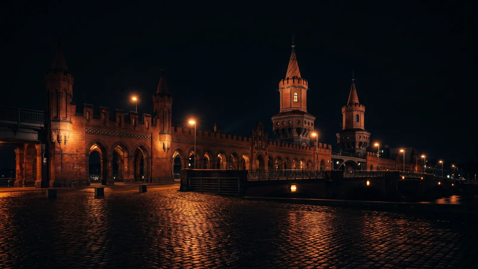 Die Oberbaumbrücke bei Nacht, angestrahlte Backsteintürme über der dunklen Spree am Südrand von Friedrichshain.