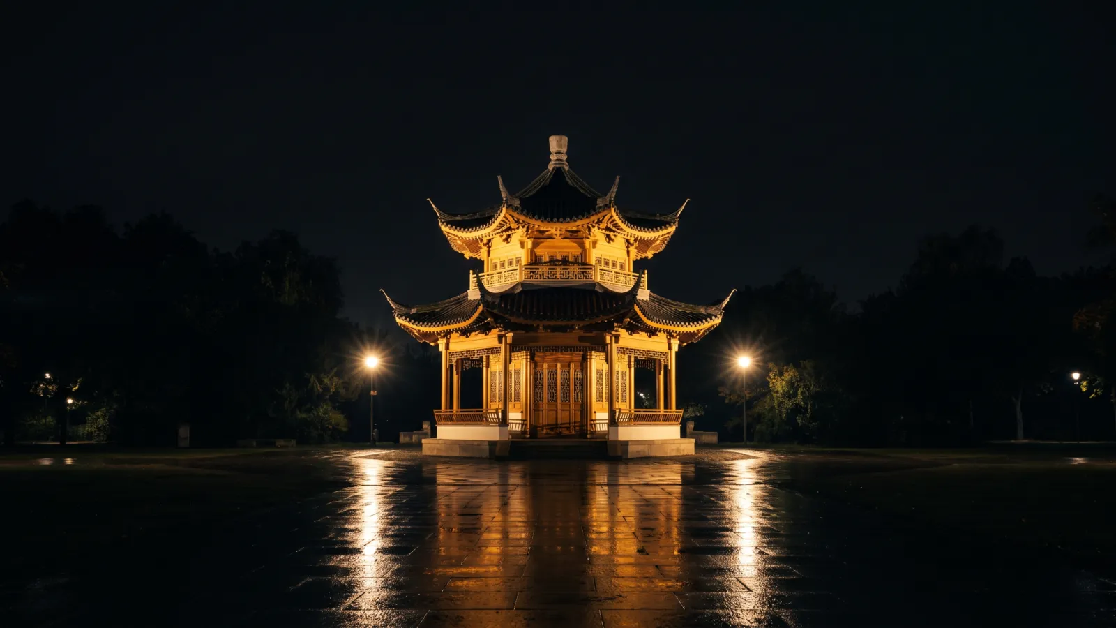 Der Pavillon im Chinesischen Garten bei Nacht, das geschwungene Dach warm angeleuchtet zwischen dunklen Bäumen.