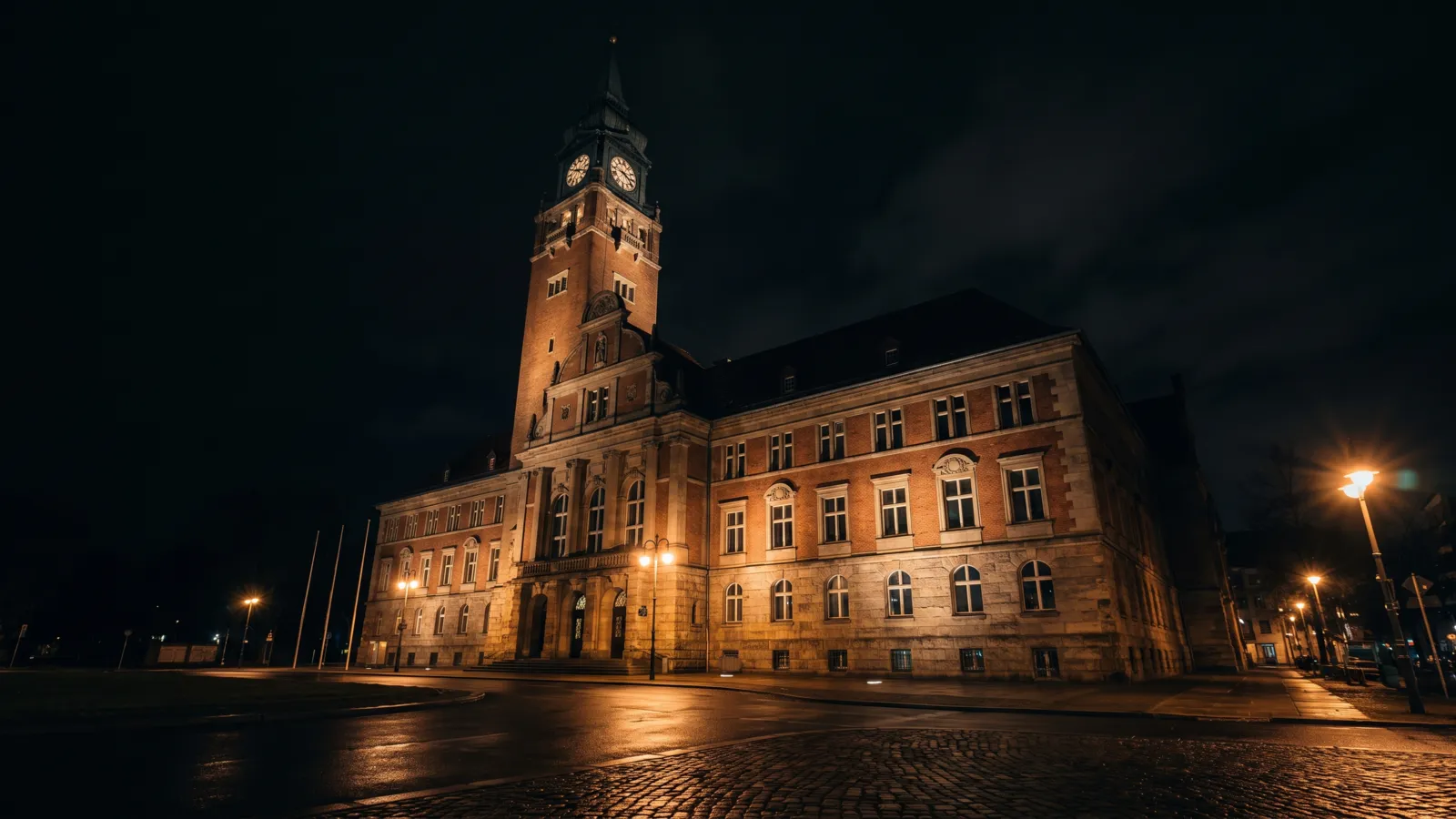 Das Rathaus Neukölln bei Nacht, der Uhrturm über der angestrahlten Fassade.