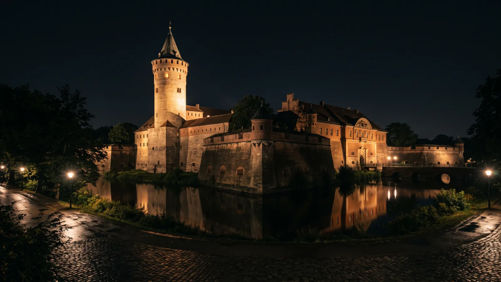 Die Zitadelle Spandau bei Nacht, die Festungsmauern und der Turm spiegeln sich im Wassergraben.