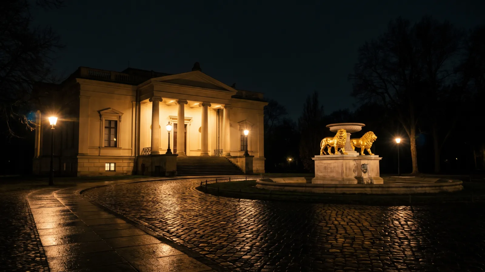 Schloss Glienicke bei Nacht, der klassizistische Bau mit Säulenvorbau und Löwenbrunnen im Laternenlicht.