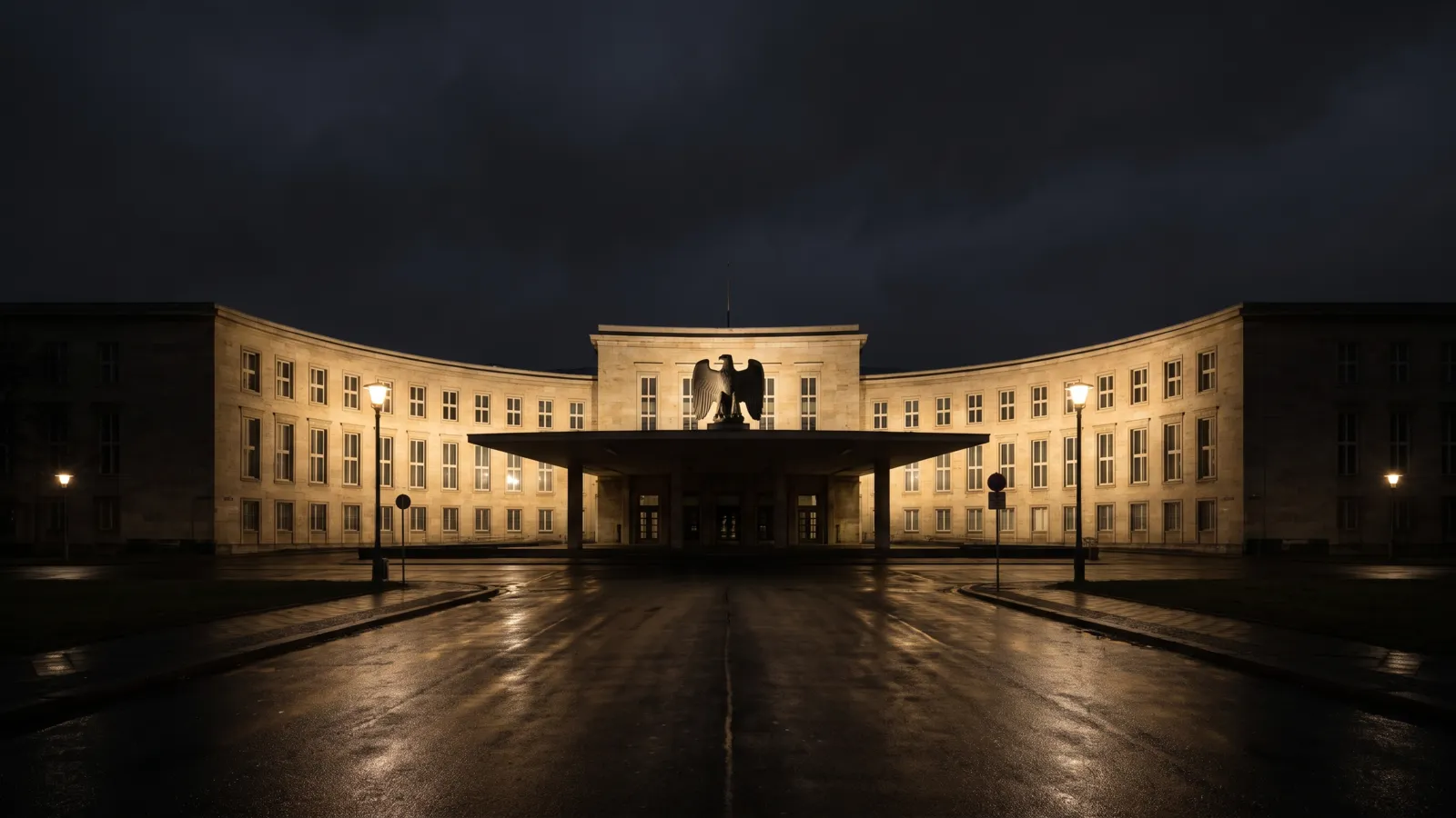 Der Flughafen Tempelhof bei Nacht, die geschwungene Empfangshalle in einer Reihe erleuchteter Fenster.