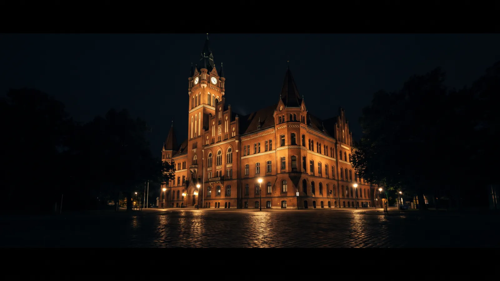 Das Rathaus Köpenick bei Nacht, der Backsteinbau mit dem Uhrturm über nassem Kopfsteinpflaster.